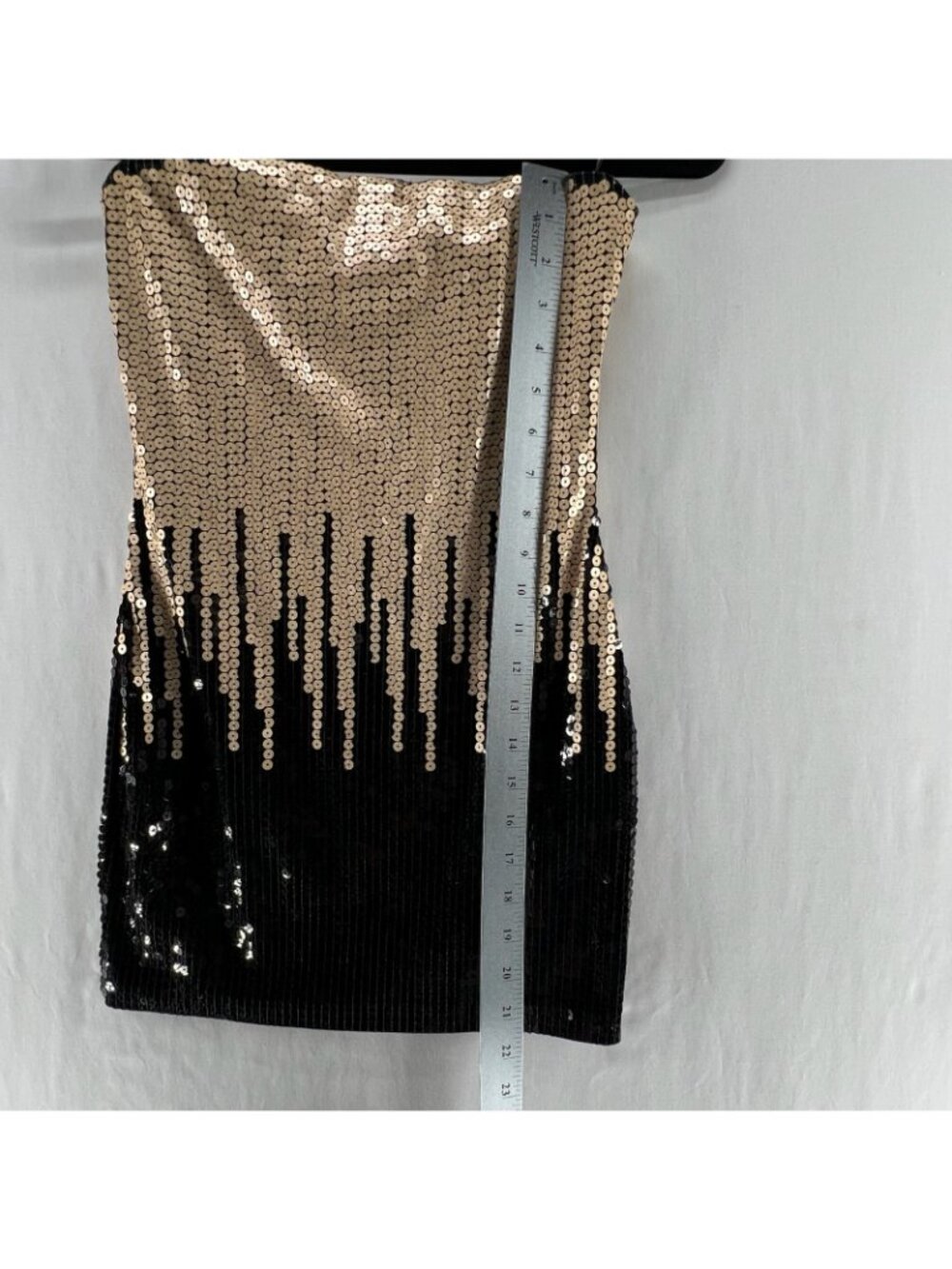 Bebe Strapless Sequin Ombre Mini Dress Womens 2XS Liquid Drip Bodycon Black Gold - Picture 4 of 12